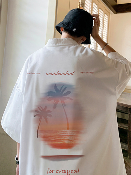 ★[당일배송]하와이 백프린팅 오버핏 반팔 셔츠 - 99스트릿